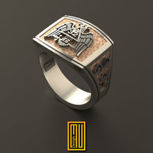 Ring for Scottish Rite 32nd Degree with Rose Gold Eagle (Wings Down), Solid Sterling Silver - Handmade Men's Jewelry