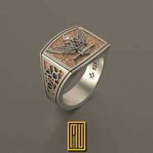 Ring for Scottish Rite 32nd Degree with Rose Gold Eagle and Alchemistic Symbols,  Solid Sterling Silver - Handmade Men's Jewelry