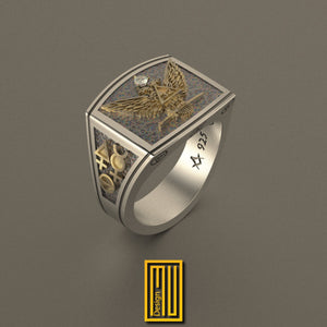 Ring for Scottish Rite 32nd Degree with Rose Gold Eagle and Alchemistic Symbols,  Solid Sterling Silver - Handmade Men's Jewelry
