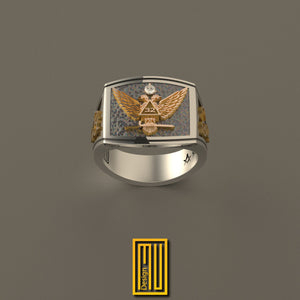 Ring for Scottish Rite 32nd Degree with Golden Eagle and Alchimist Symbols