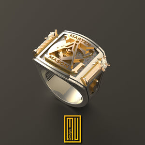 Masonic Ring With Roslyn Chapel's Golden Pillars and Symbols