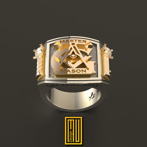 Masonic Ring With Roslyn Chapel's Golden Pillars and Symbols