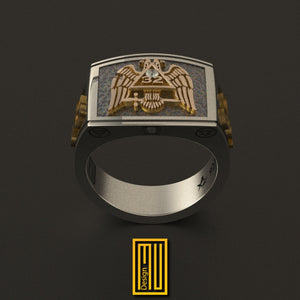 Ring for Scottish Rite 32nd Degree with Golden Eagle Wings Down and Alchimist Symbols