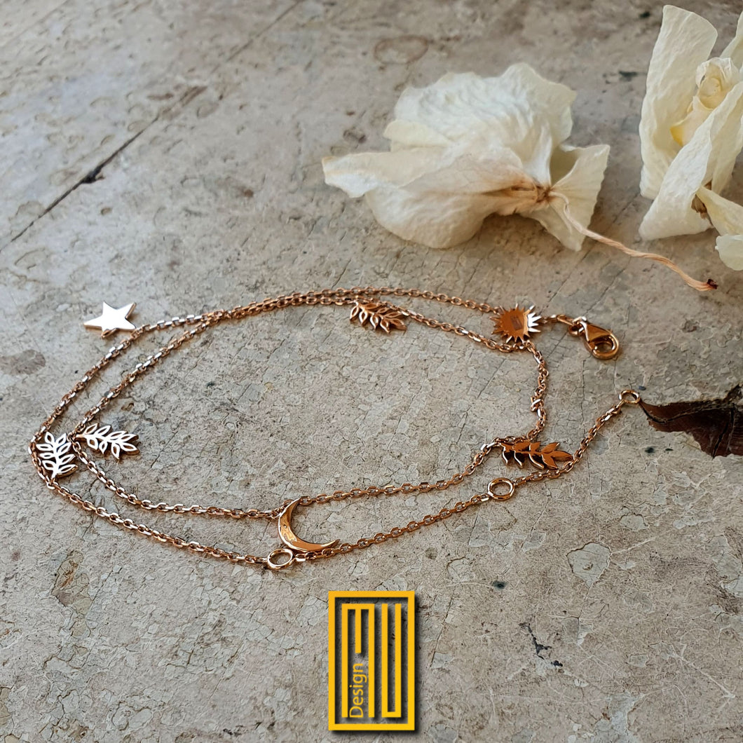 Golden Chain Necklace with Acacia Leaves Sun Moon and Star - Hammered Jewelry, Custom Design, (and also it can be use bracelet)