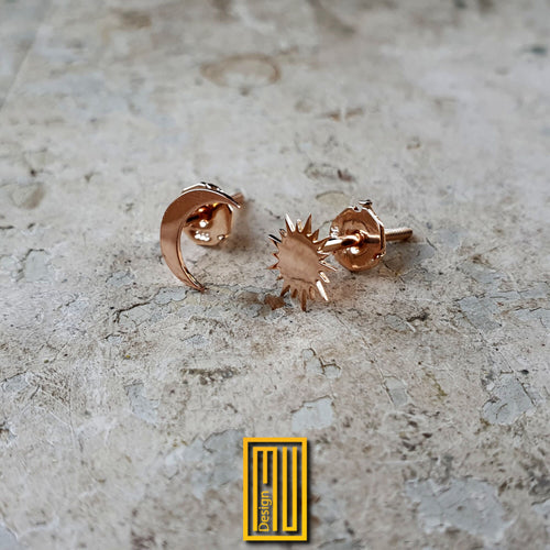Sun and Moon Earring Set 8k, 14k or 18k Gold - Handmade Jewelry, Masonic Design and Unique Gift