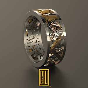 Acacia Leaves Ring with Masonic Working Tools