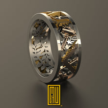 Round Shape Acacia Leaves Ring with Masonic Working Tools, 14k Rose Gold - Handmade Men's Jewelry