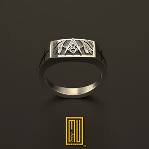 Masonic Ring With Silver Fern and S&C - 925k Sterling Silver - Freemason Handmade Man's Ring