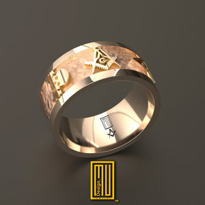 Masonic Ring with Masonic Tools, 18k Rose Gold with Hammered Background - Handmade Men's Jewelry