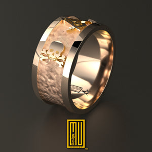 Masonic Ring with Masonic Tools, 18k Rose Gold with Hammered Background - Handmade Men's Jewelry