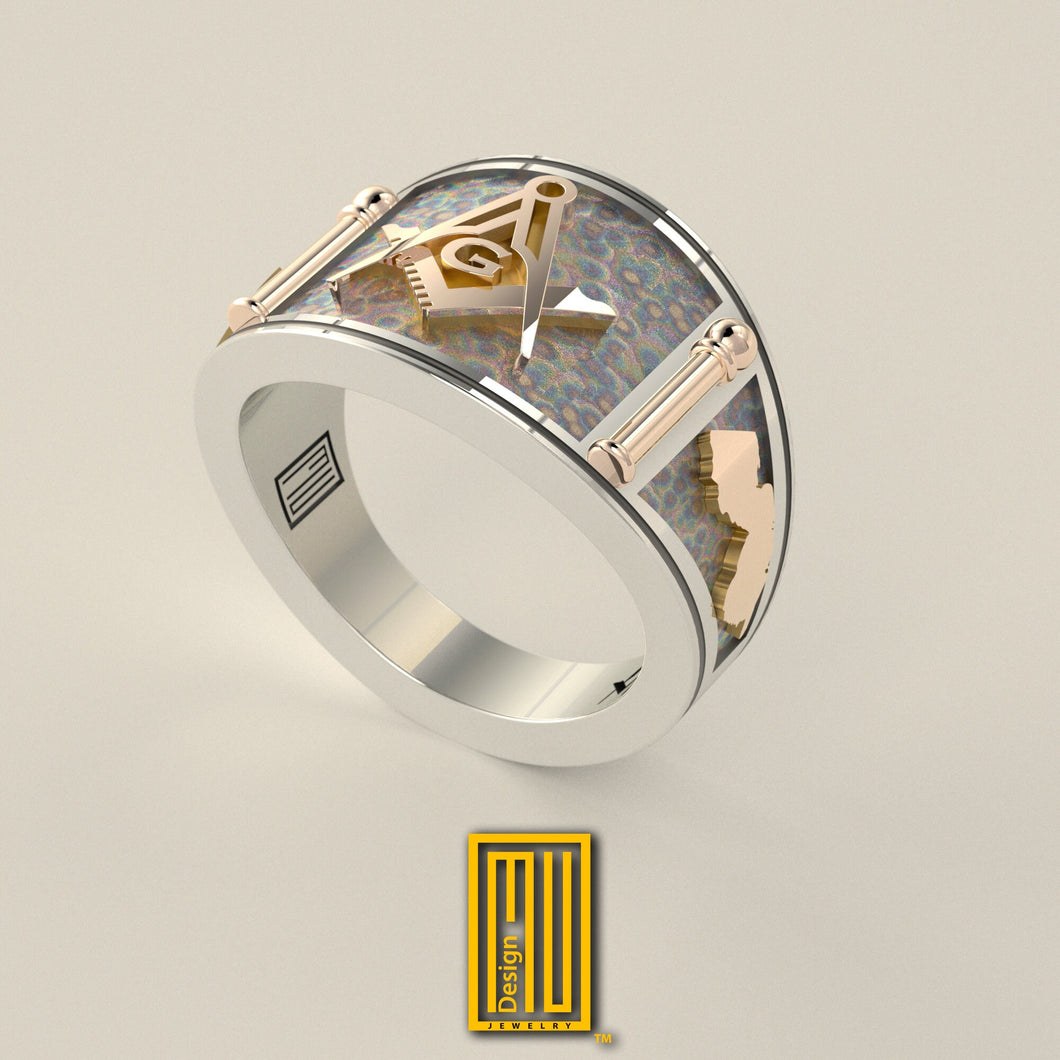 Band Style, New Jersey State Sign, Masonic Ring, 14k White Gold and Rose Gold - Handmade Men's Jewelry