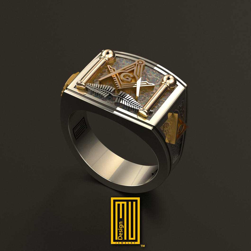 Masonic Ring With S&C and Silver Fern and 14k Rose Gold Tools - Handmade Freemason Jewelry