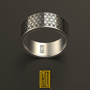Handmade Ring with Flower of Life Pattern, 14 Rose Gold - Ring for Couples, Wedding Ring, Engagement Ring, Anniversary Ring