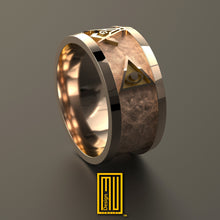 Masonic Ring with Masonic Tools, 18k Rose Gold with Hammered Background - Handmade Men's Jewelry