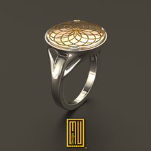 Flower of Life Ring in Signet Style with Solid 14k White and Rose Gold - Masonic Ring, Handmade Unique Esoteric Jewelry