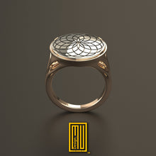 Flower of Life Ring in Signet Style with Solid 14k White and Rose Gold - Masonic Ring, Handmade Unique Esoteric Jewelry