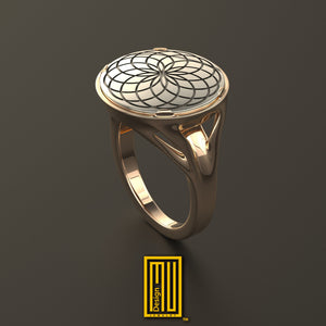 Flower of Life Ring in Signet Style with Solid 14k White and Rose Gold - Masonic Ring, Handmade Unique Esoteric Jewelry