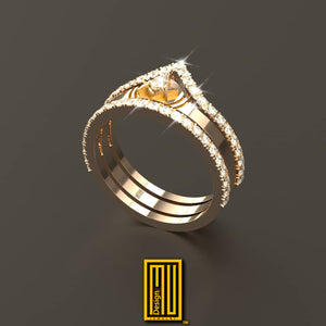 Triple Ring with Square and Compasses  49 Diamonds 14K Gold -  Handmade Women's Jewelry, Unique Golden Masonic Ring