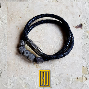 Masonic Bracelet Solid Sterling Silver with Stingray Leather