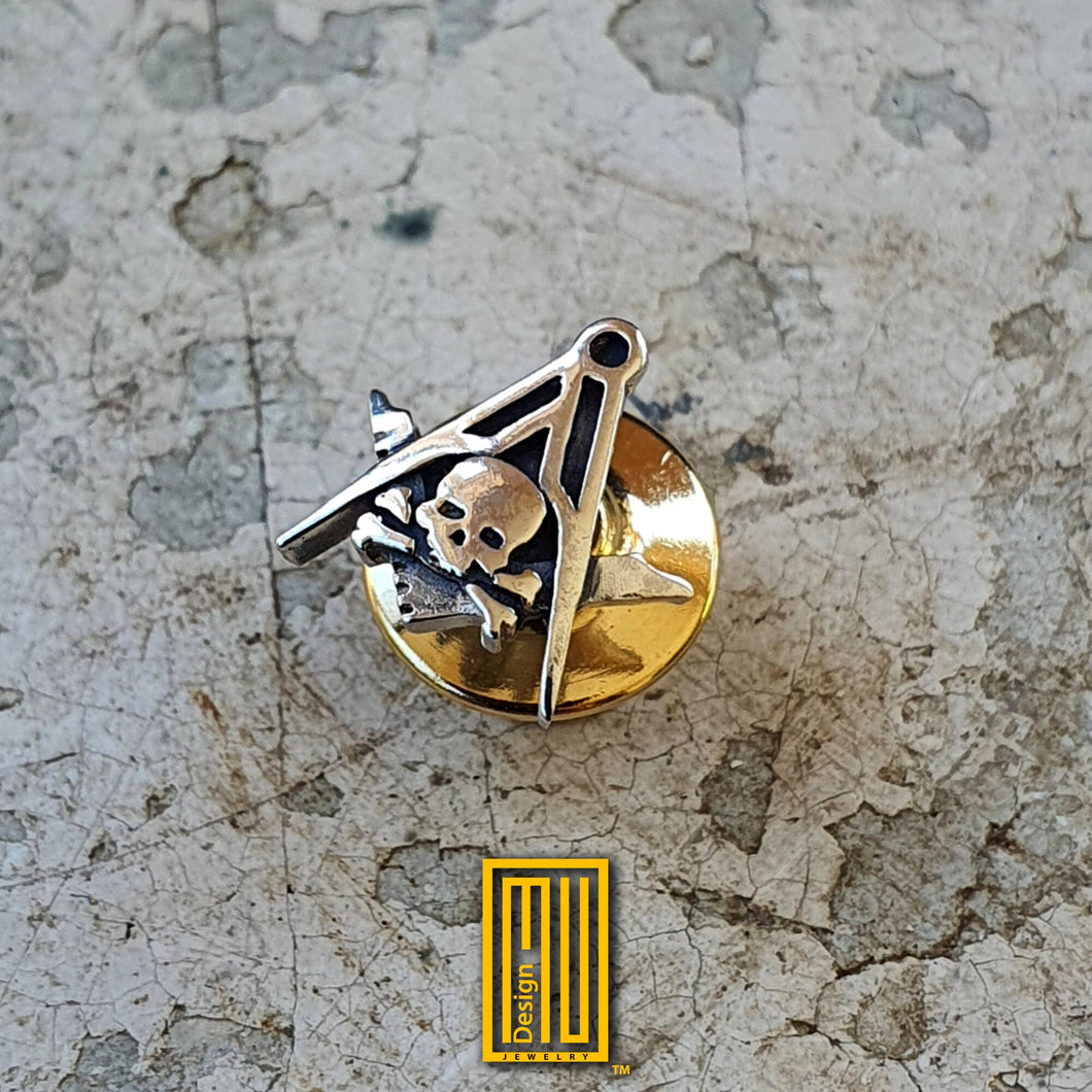 Master Degree Lapel Pin with Skull - 925k Sterling Silver, Handmade Men's Jewelry, Masonic Design and Unique Gift