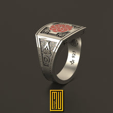 Masonic Rose Croix Ring 925k Sterling Silver with Red Enamel - Handmade Men's Jewelry, Masonic Design, Esoteric & Mystic Gift