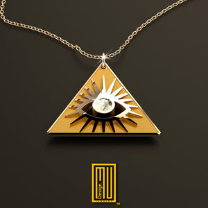 Masonic Necklace All Seeing Eye in the Golden Triangle with Real Diamond - Handmade Necklace - 925k Sterling Silver - Custom Design