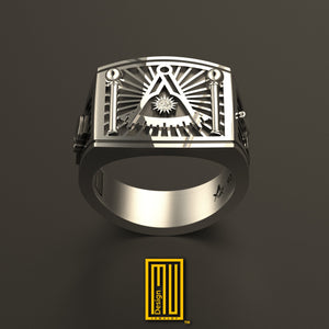 Past Master Ring 925k Sterling Silver with Diamond on Sun - Handmade Men's Jewelry, Masonic Design, Unique Gift