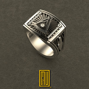 Past Master Ring 925k Sterling Silver with Diamond on Sun - Handmade Men's Jewelry, Masonic Design, Unique Gift