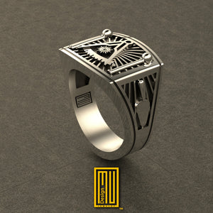 Past Master Ring 925k Sterling Silver with Diamond on Sun - Handmade Men's Jewelry, Masonic Design, Unique Gift