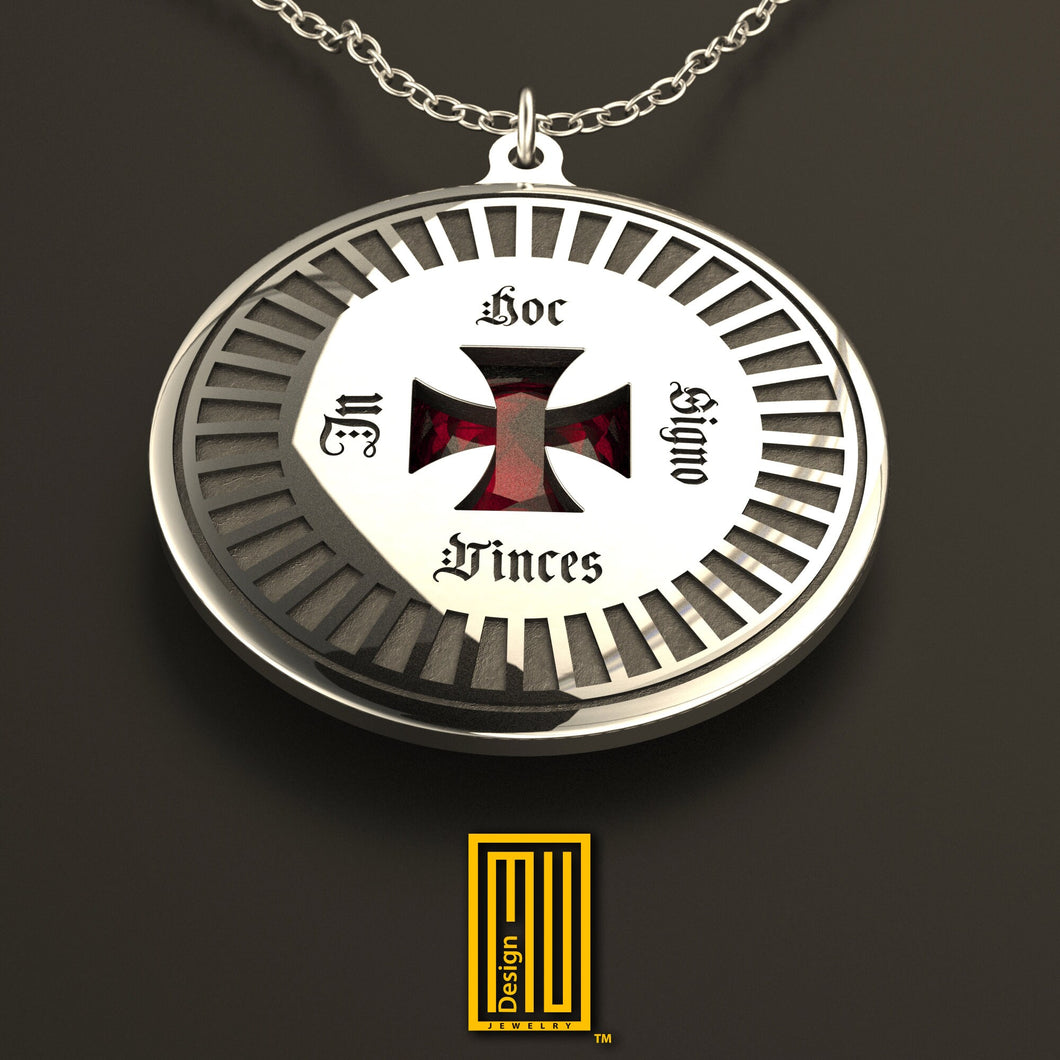 Knights of Templar Pendant with Special cut Imitation Ruby - 925K Sterling Silver, Masonic Gift