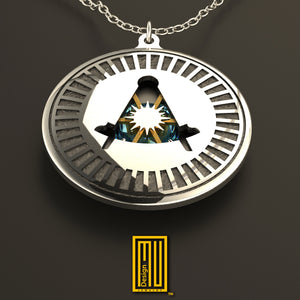 Masonic Pendant for Past Master with BlueSky Topaz or Amethyst and Golden Sun - 925K Sterling Silver