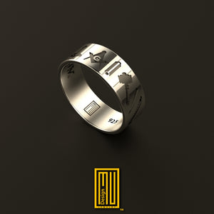 Wedding Band Style Ring with All Masonic Tools, Gold or Silver - Handmade Men's Jewelry