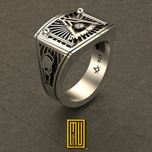 Past Master Ring 925k Sterling Silver with Diamond on Sun - Handmade Men's Jewelry, Masonic Design, Unique Gift