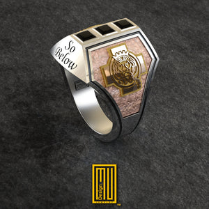 Masonic Ring Lion of Golden Judah with Square and Compasses - 925k Sterling Silver, Black Diamonds - Freemason Handmade Ring