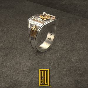 Masonic Ring with Fleur de Lis, 925k Solid Silver with 14k Rose Gold - Handmade Freemason Jewelry