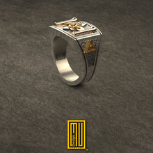 Masonic Ring with Fleur de Lis, 925k Solid Silver with 14k Rose Gold - Handmade Freemason Jewelry