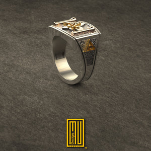 Masonic Ring with Fleur de Lis, 925k Solid Silver with 14k Rose Gold - Handmade Freemason Jewelry