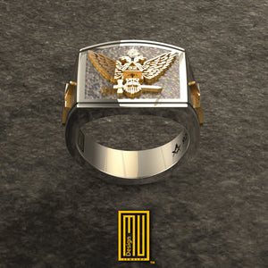 Ring for Scottish Rite 32nd Degree with Golden Eagle Wings Up and Diamond