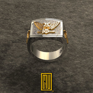 Ring for Scottish Rite 32nd Degree with Rose Gold Eagle and Sword Symbols, Solid Sterling Silver - Handmade Men's Jewelry