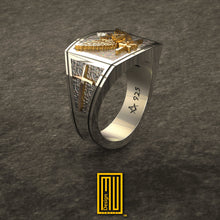 Ring for Scottish Rite 32nd Degree with Rose Gold Eagle and Sword Symbols, Solid Sterling Silver - Handmade Men's Jewelry
