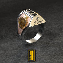 Masonic Ring Lion of Golden Judah with Square and Compasses - 925k Sterling Silver, Black Diamonds - Freemason Handmade Ring