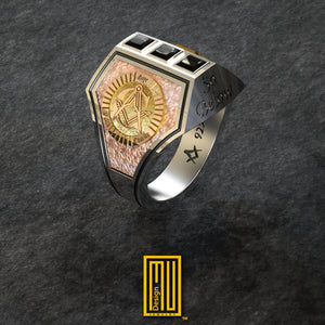Masonic Ring Lion of Golden Judah with Square and Compasses - 925k Sterling Silver, Black Diamonds - Freemason Handmade Ring