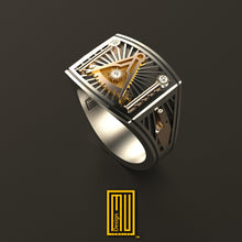 Past Master Ring 14k Rose Gold, 925k Sterling Silver with Diamond on Sun - Handmade Design, Masonic Jewelry, Unique Design