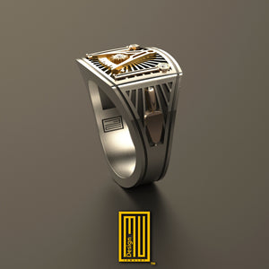 Past Master Ring 14k Rose Gold, 925k Sterling Silver with Diamond on Sun - Handmade Design, Masonic Jewelry, Unique Design