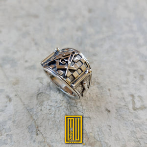 Band style Masonic Ring With 14k Rose Gold, Bronze or Silver tools - Freemason Handmade Ring