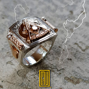 Past Master Ring With Roslyn Chapel's Golden Pillars and Symbols - Freemason Signet Ring, Handmade Men's Jewelry - Esoteric & Mystic Gift