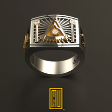 Past Master Ring 14k Rose Gold, 925k Sterling Silver with Diamond on Sun - Handmade Design, Masonic Jewelry, Unique Design