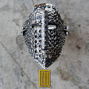 Helmet Style Ring for The Knights Templar, 925k Sterling Silver with 14k Rose Gold Swords