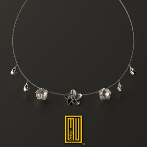 Forget me not Flowers Necklace with Golden Chain - Handmade Design, Personalized Necklace, Hammered Effect