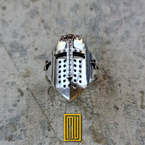 Helmet Style Ring for The Knights Templar, 925k Sterling Silver with 14k Rose Gold Swords
